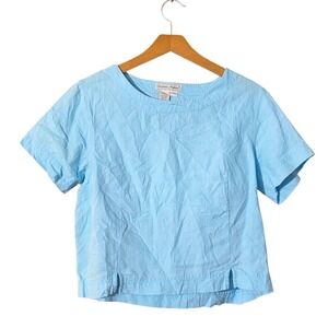 Stephanie Andrews Women Large Top Blue 100% Linen Short Sleeve Boxy Boat Neck